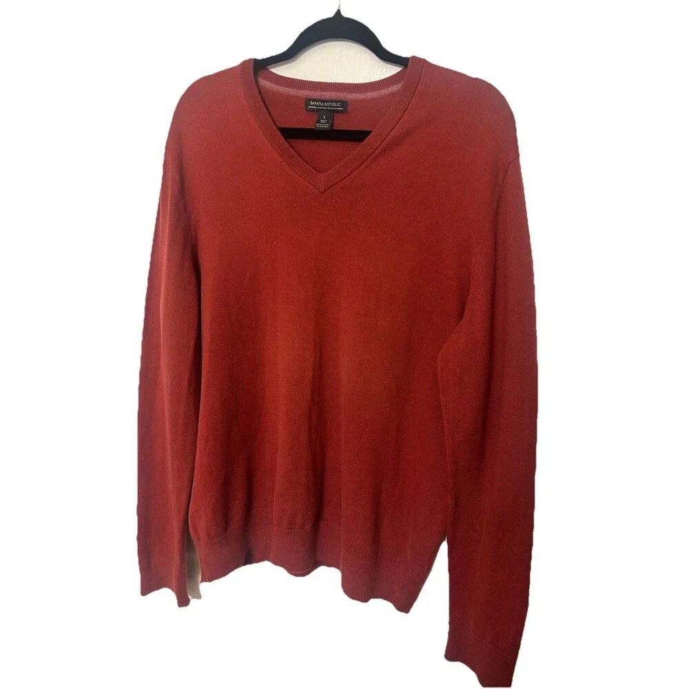 Banana Republic Men's L Pima Cotton Cashmere Brick Red  V Neck Sweater Pullover